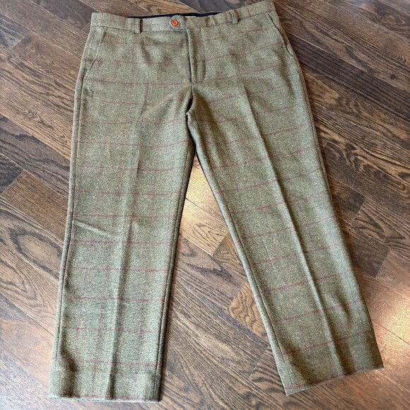 Men's Tweed Pants Trousers - Moss Green with Burgundy Windowpane - 40x27 - Picture 1 of 9